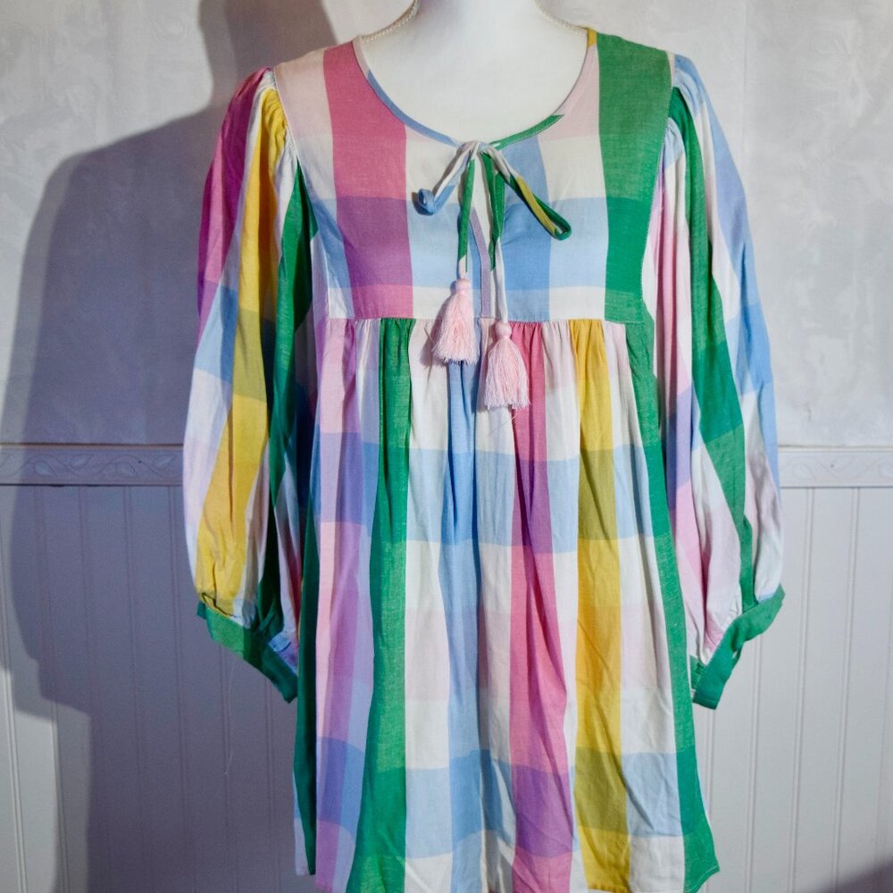Indigo Soul Multicolor Pastel Plaid Tassel Tie Peasant Blouse - Size 2XL